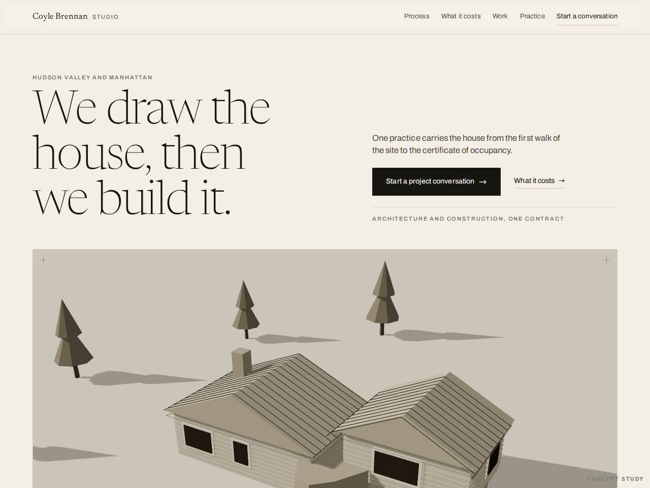 The opening screen of the Coyle Brennan concept study, an architecture and design-build studio