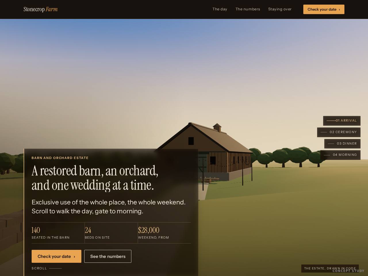 The opening screen of the Stonecrop Farm concept study, a barn and orchard wedding estate