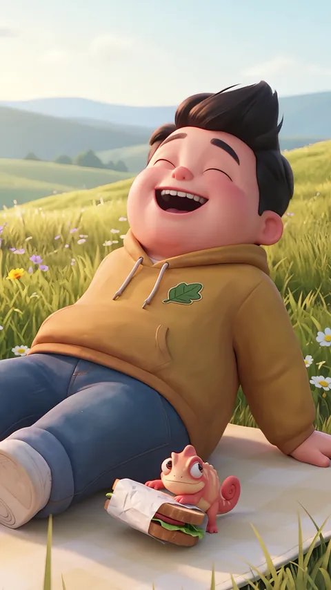 TAVI laughing as he leans back on a picnic blanket, JUJU beside the sandwich.