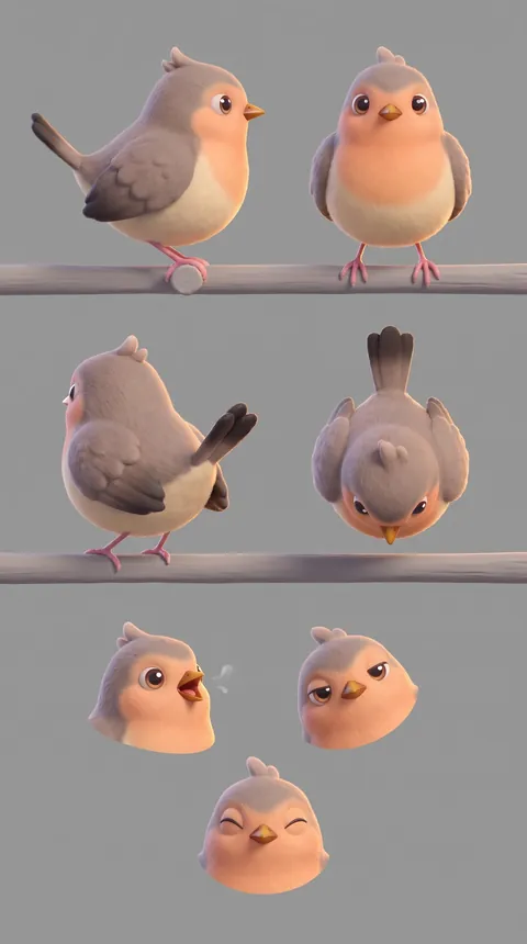 Character sheet for Ep 02's guest: an original small songbird in turnaround views with expressions.