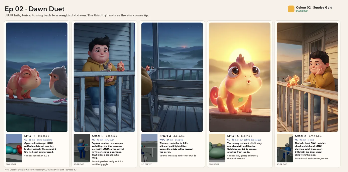 The Ep 02 storyboard: five final frames, each paired with its 3D previz frame, with lens, timing, action and sound.