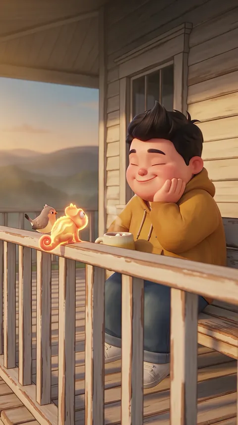 The held ending: TAVI resting his cheek on his hand, eyes closed, with JUJU glowing gold beside the songbird on the sunlit rail.