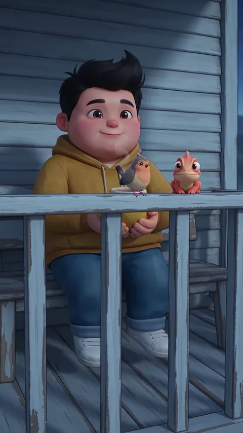 TAVI on the porch in blue pre-dawn light, the songbird perched on his cocoa mug and JUJU on the rail.