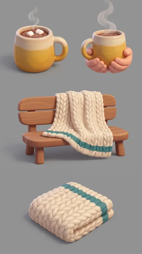 Prop sheet for Ep 02: a steaming cocoa mug and a chunky knitted blanket, shown from several angles.