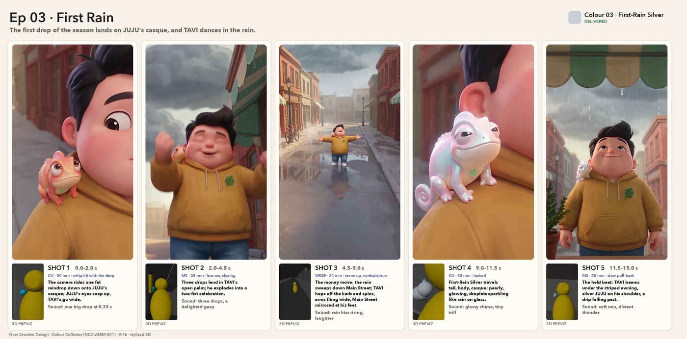 The Ep 03 storyboard: five final frames on a rainy Main Street, each paired with its 3D previz frame, with lens, timing, action and sound.