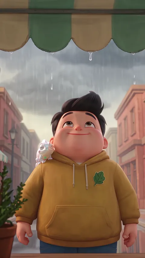 The held ending: TAVI under a striped awning on Main Street, looking up at the rain, JUJU on his shoulder.
