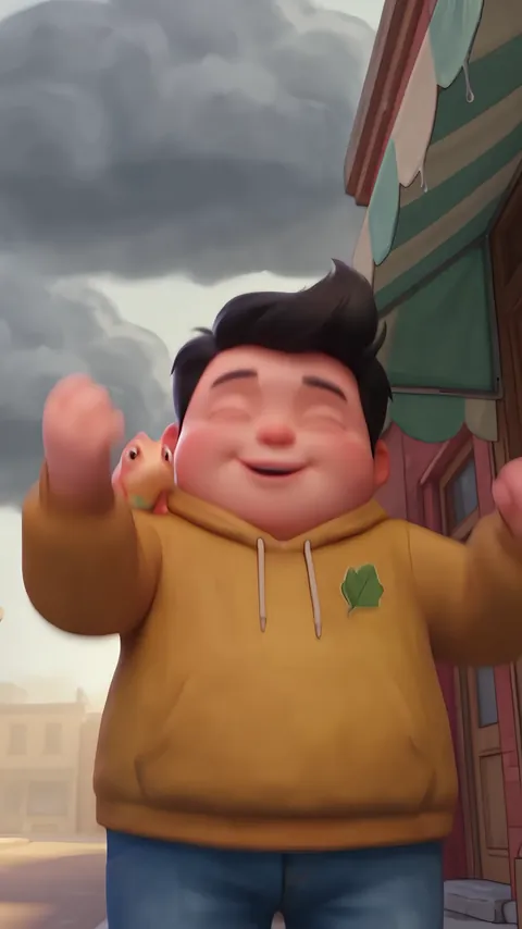TAVI celebrating with both fists raised under a stormy sky, JUJU on his shoulder.