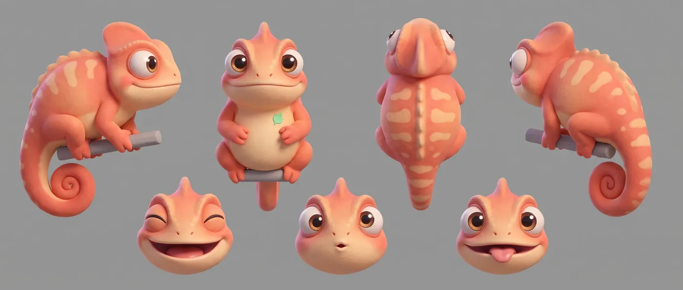 JUJU's character sheet: a small coral-peach chameleon with big eyes and a spiral tail, in four turnaround views and a set of expressions.