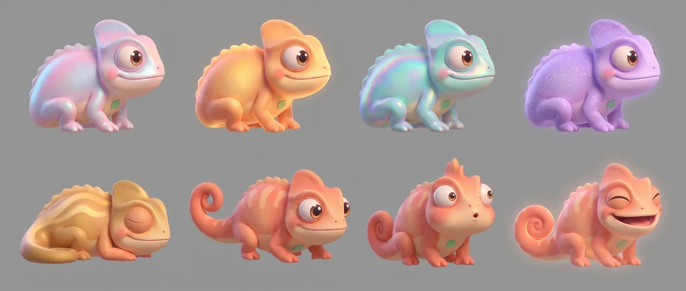 JUJU's colour board: eight versions of the chameleon in pearl, apricot, iridescent aqua, glittering violet, sleepy gold and coral, each glowing from within.