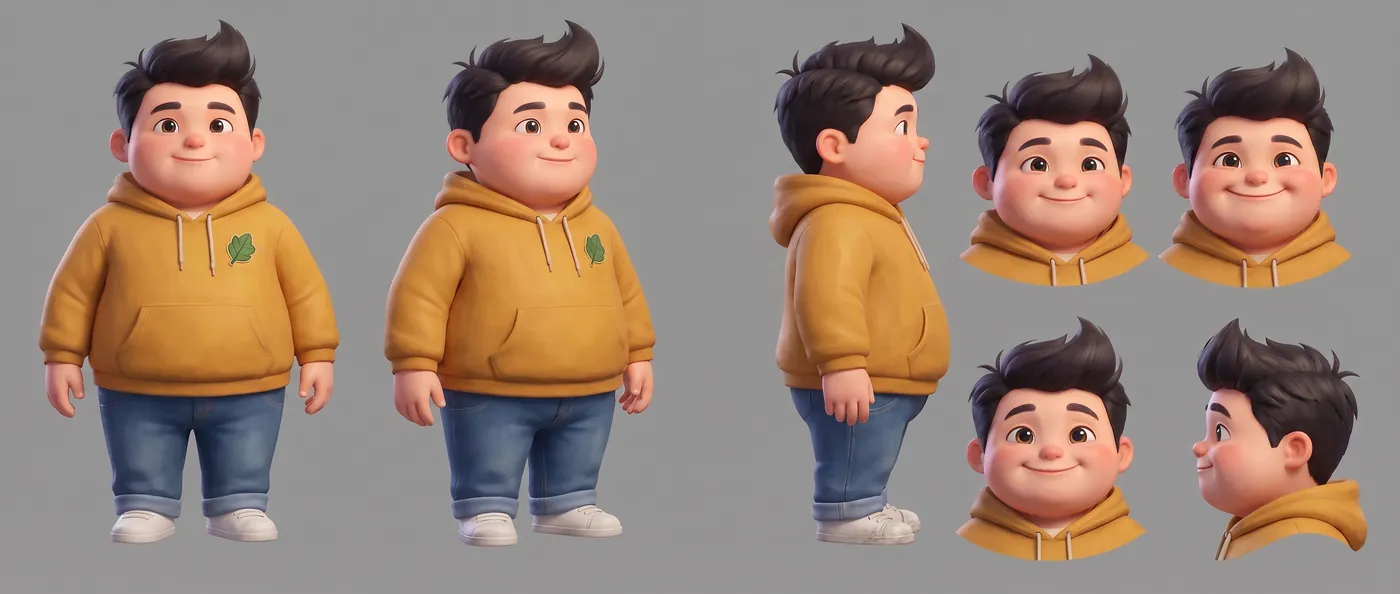 TAVI's character sheet on grey: front, three-quarter, side and back views of a round young man in a mustard hoodie and jeans, beside four expression heads.