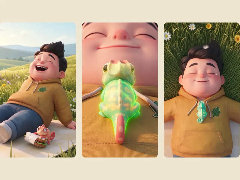 Three vertical frames from Colour Collector: TAVI laughing in a meadow, JUJU the chameleon glowing green on his chest, and TAVI asleep in the grass