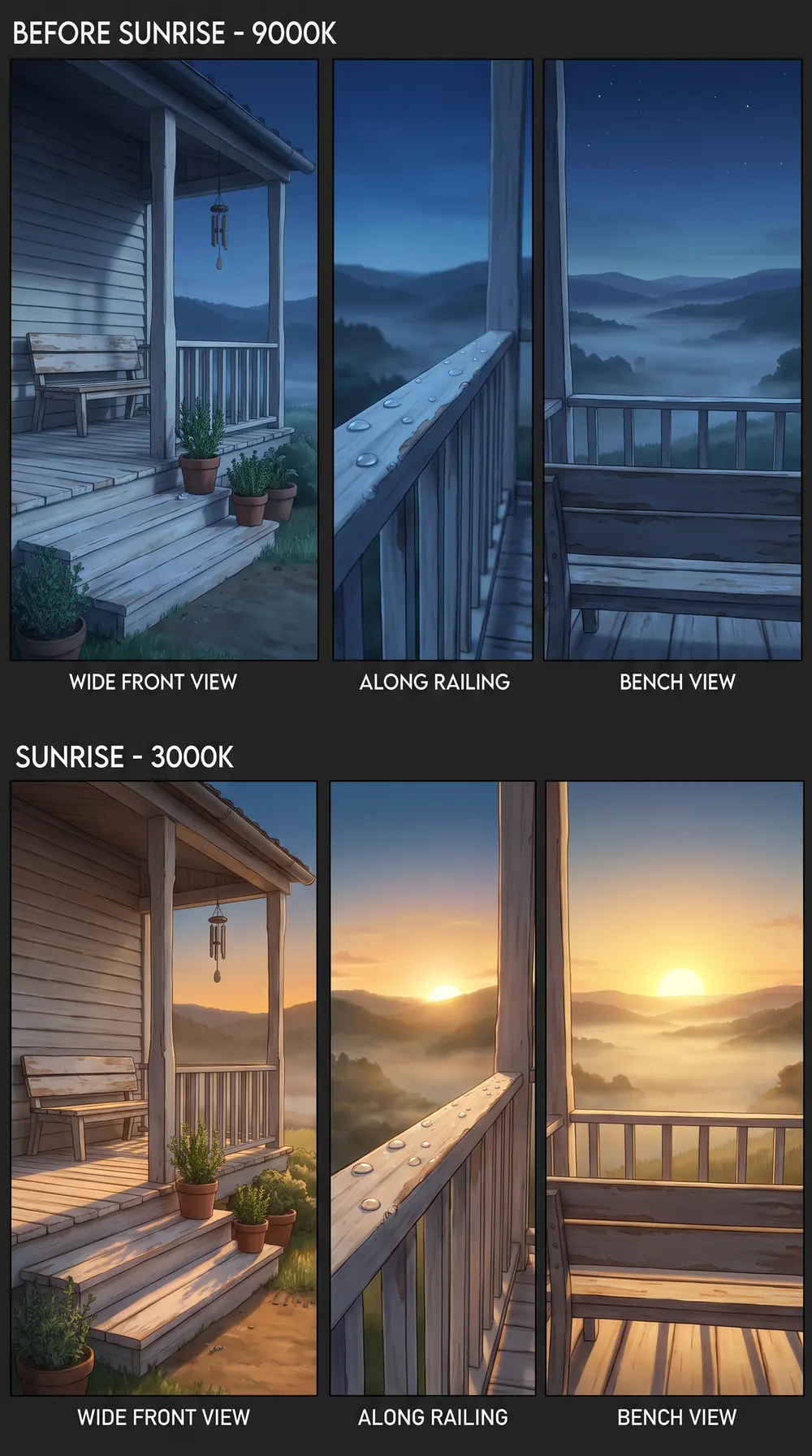 Farmhouse porch in two light states