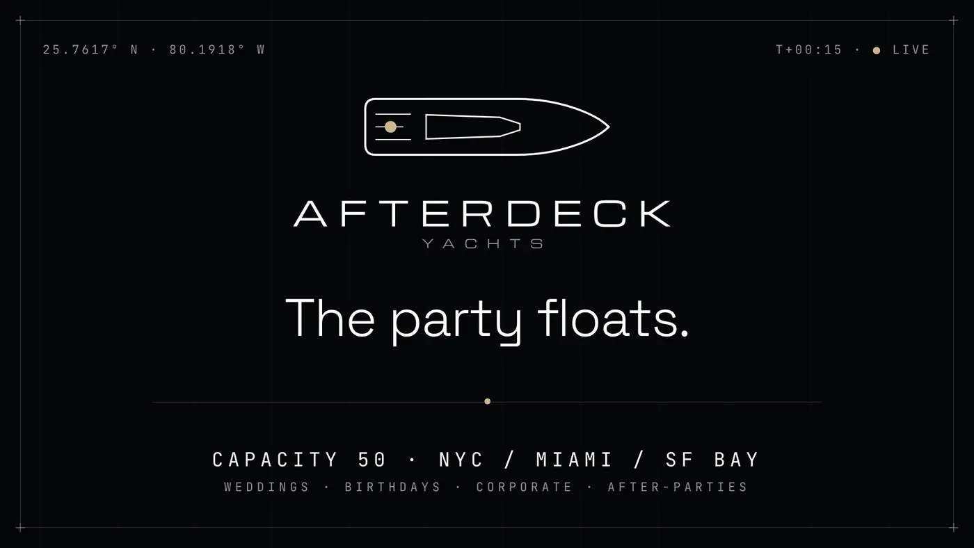 The end card: a black field with a thin frame, the plan mark of a yacht, the AFTERDECK YACHTS wordmark, the line The party floats. and a line of event types.
