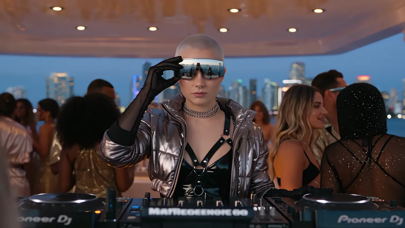 A DJ at the decks on the afterdeck at blue hour, visor lifted, a crowd and the skyline behind.