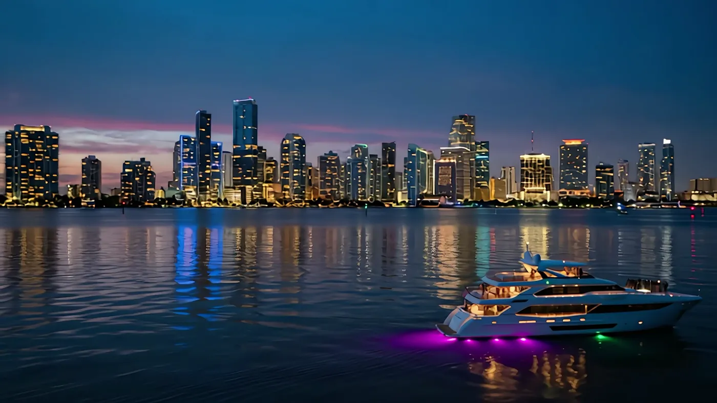 The hero shot pulls back: yacht, violet underlights and the skyline, a long reflection across the bay.