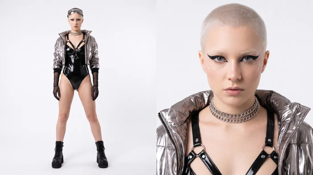 Persona bible page for NOVA: a full-length front view in a silver jacket and black bodysuit, beside a head-on portrait.