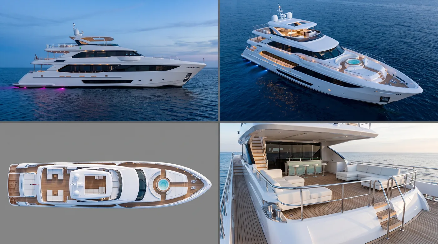 The superyacht in four views on one sheet: side profile on open water, three-quarter from above, the deck plan from overhead and the aft deck seating.