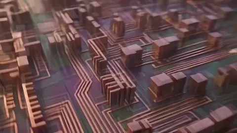 A circuit board drawn as a city of copper blocks and traces.