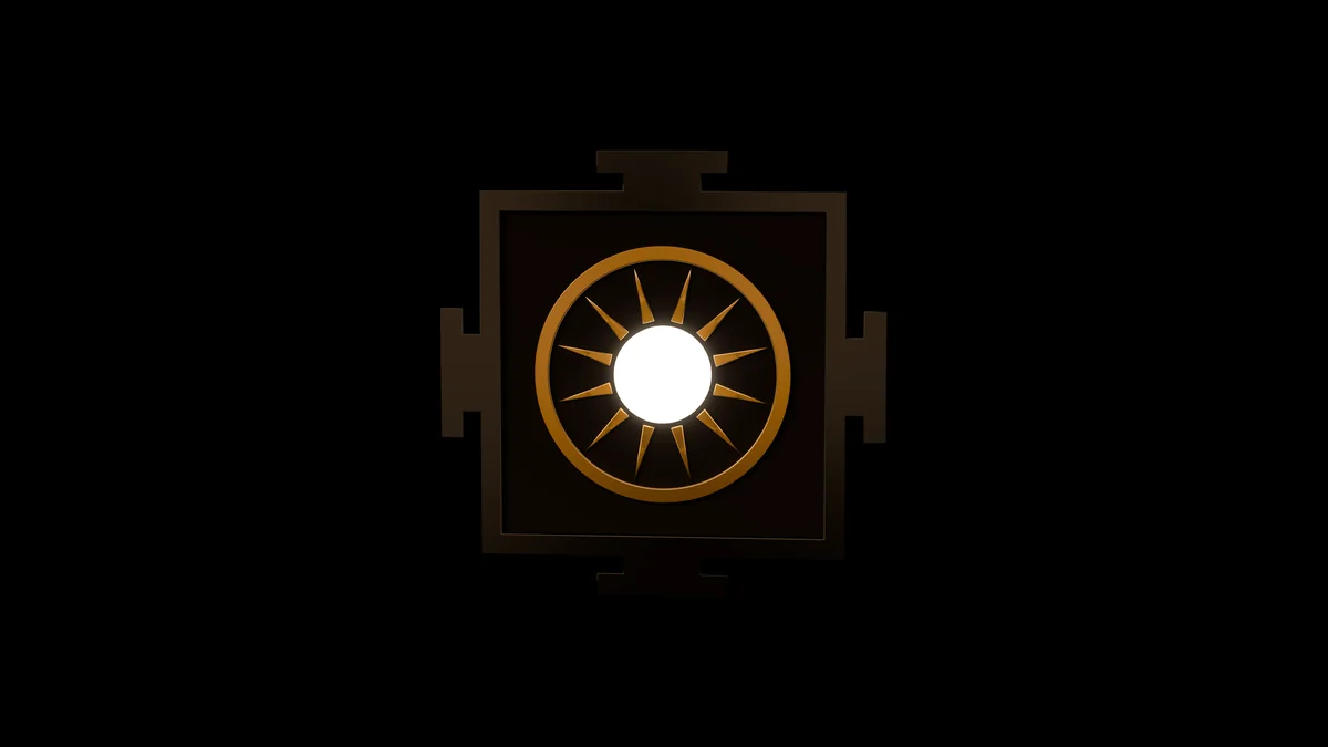 The ARKA mark as a 3D object on black: a graphite square die with four gold gates, a gold ring and a glowing white-gold sun at its centre.