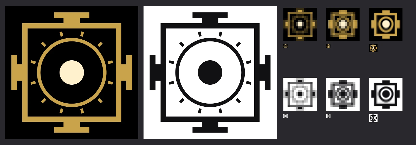 Sheet v1: a gold square with four gates, a ring, twelve short rays and a cream sun on black, shown also in ink on white and as pixelated small sizes.