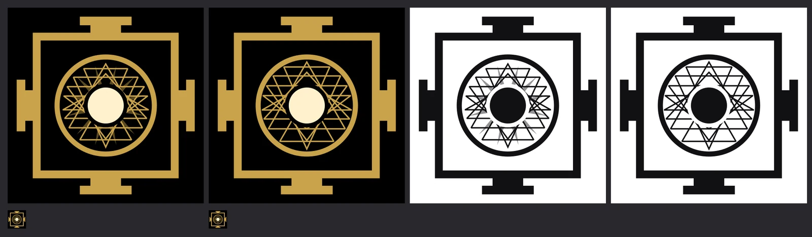 Sheet v22: four options of the mark with Sri Yantra triangles inside the ring, in gold on black and ink on white.