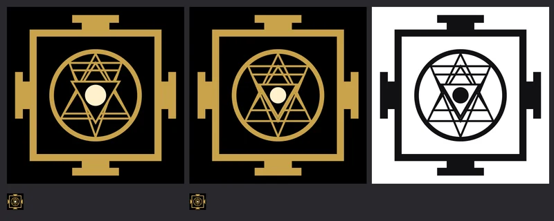 Sheet v23: a simplified triangle pair with a cream bindu, in gold on black and ink on white.