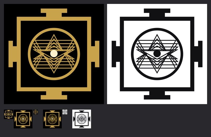 Sheet v24: stacked triangles around a small bindu, which reads like an eye, in gold on black and ink on white.