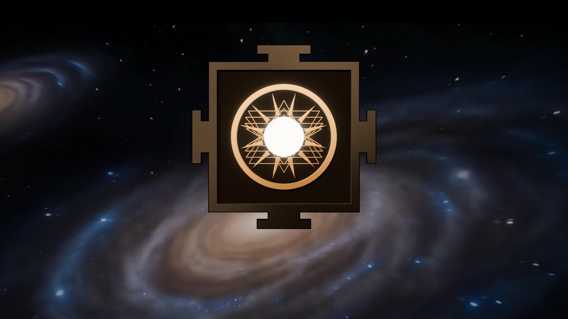 The logo ignites: a square gold-and-graphite yantra die with a white-gold sun at its centre, over a spiral galaxy.