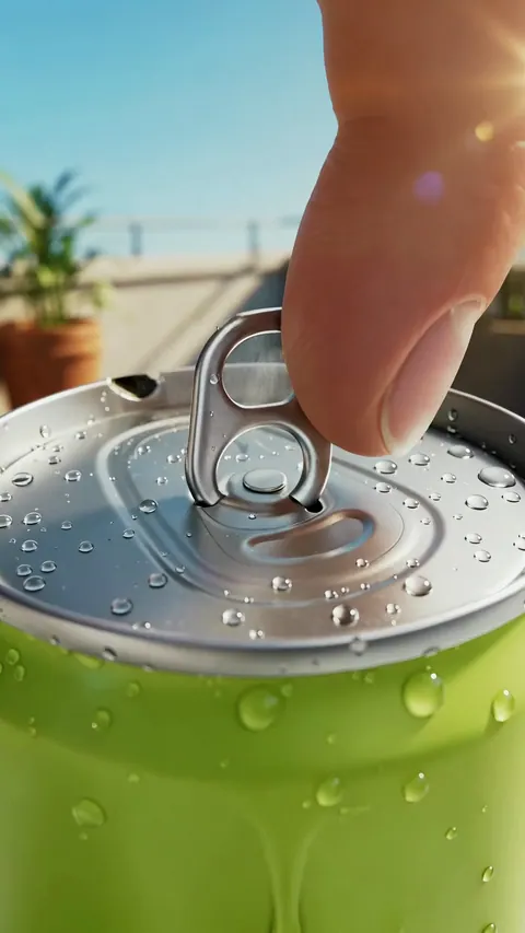 A thumb pulls the tab on a lime can covered in condensation, with a rooftop and blue sky behind it.