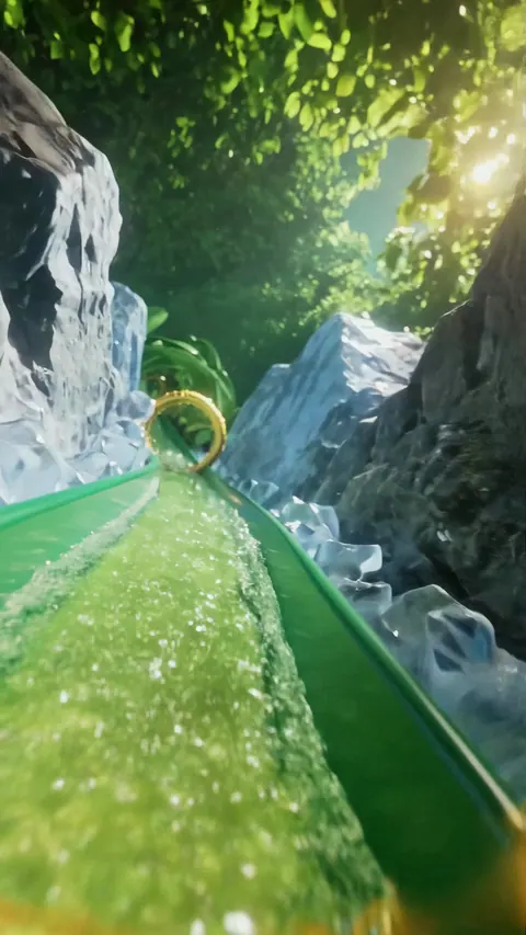 Inside the can: a fizzing lime river runs between ice cliffs and green leaves, with a golden ring ahead.