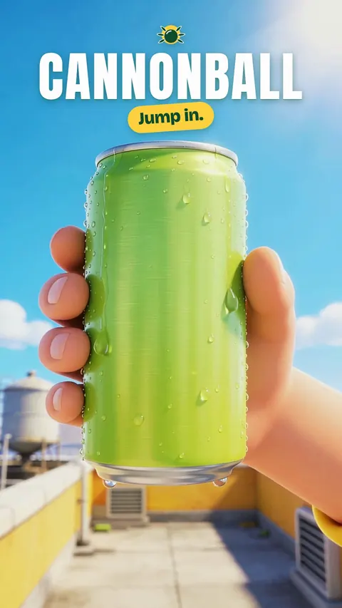 The end card: the CANNONBALL wordmark and the line Jump in. above a hand holding a plain lime can against a blue sky and a rooftop.