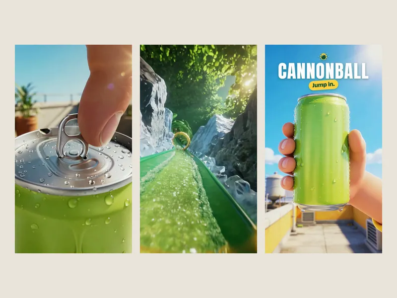 Three vertical frames: a thumb cracking open a lime can, a fizzing lime river between ice cliffs with a golden ring, and the CANNONBALL end card over a hand holding a plain lime can
