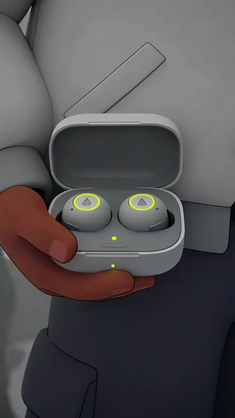 An open earbud case held in a hand, with a pair of earbuds inside, each with a glowing lime ring.
