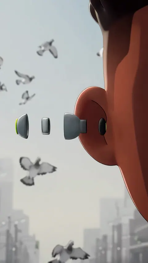 An earbud bursts into its separate layers beside an ear, with pigeons flying through a grey sky.