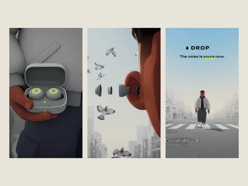 Three vertical frames: an open earbud case with a pair of lime-ringed earbuds, an earbud bursting into its layers beside an ear, and the DROP end card above a walker in a grey city