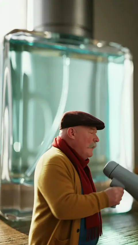 A director in a flat cap and red scarf holds a megaphone in macro close-up, with a perfume bottle as tall as a building behind him.