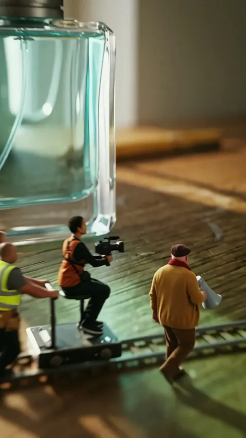 A camera operator rides a tiny dolly along a model track while a grip pushes it, the perfume bottle looming behind them.