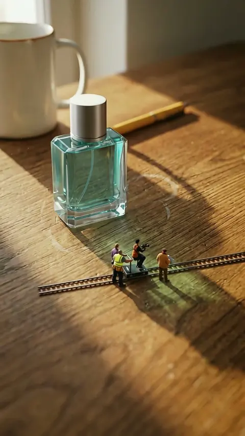 The camera has backed out: the whole crew stands on a wooden desk beside a perfume bottle, a white mug and a pencil, in raking window light.