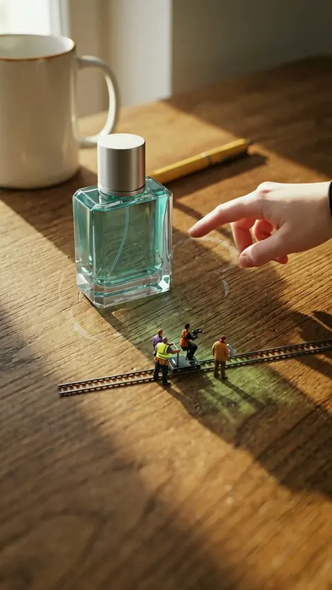 A giant hand reaches in from the right toward the perfume bottle while the tiny crew watches from the track.