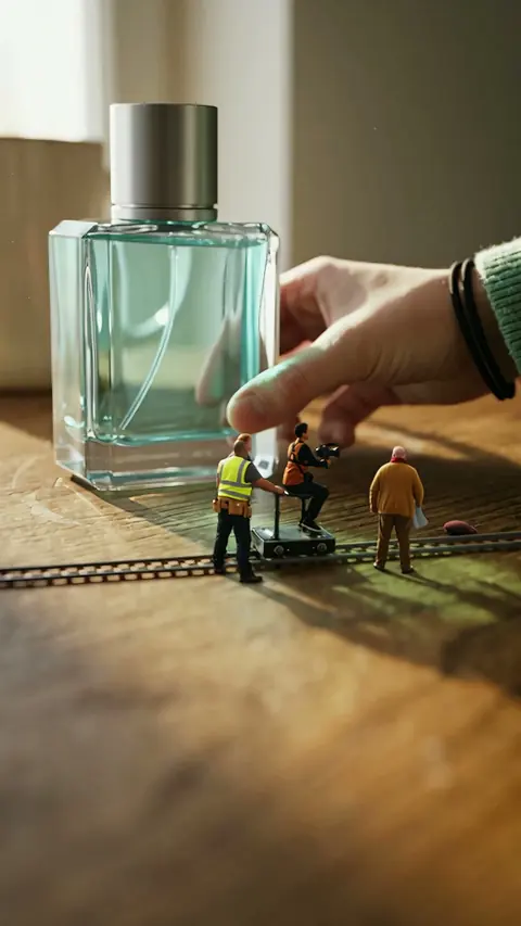 A giant fingertip pushes the perfume bottle as the crew stands at its base.