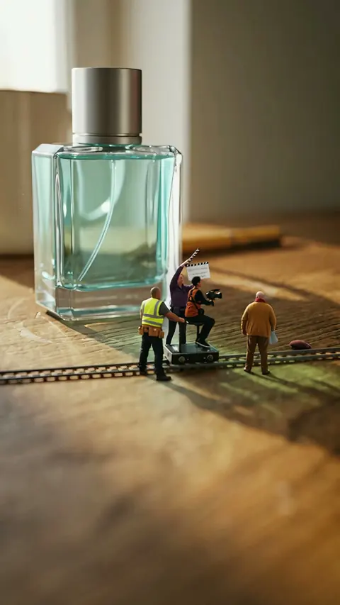 One of the crew holds up a tiny clapperboard beside the bottle as the hand pulls away.