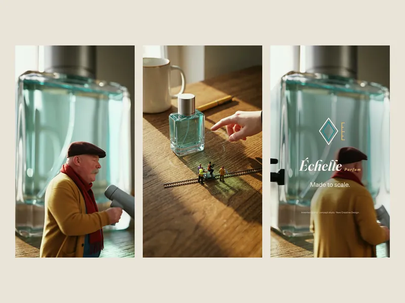 Three vertical frames: a director in a flat cap with a megaphone in front of a giant perfume bottle, a tiny film crew on a desk as a giant hand points at the bottle, and the &Eacute;chelle Parfum end card