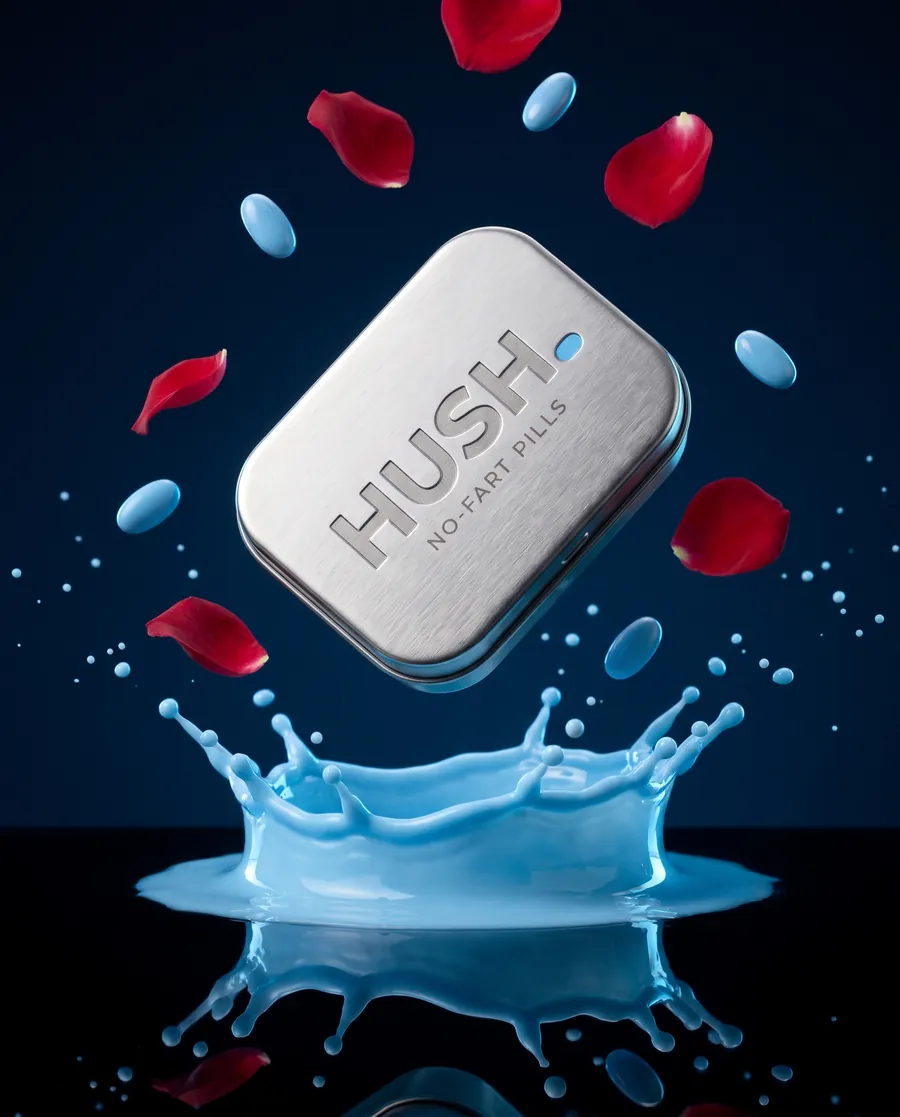 The HUSH tin floating above a sky-blue splash on a black mirror, blue pills and red petals in the air.