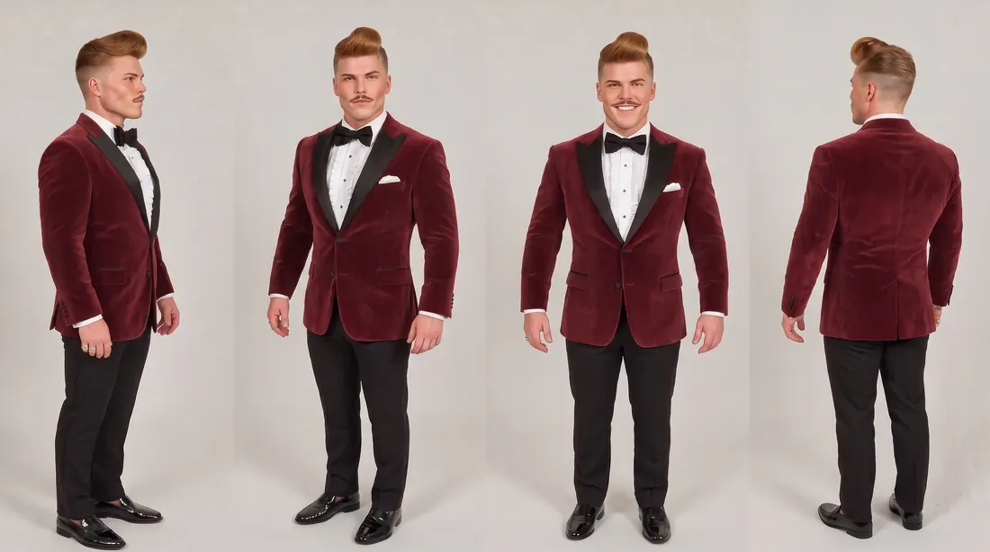 Character sheet for Dale after the transformation, in the same burgundy tuxedo, shown from four sides.
