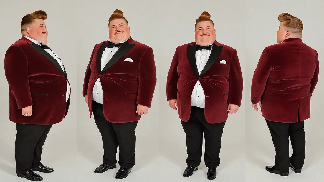 Character sheet for Dale in a burgundy velvet tuxedo and bow tie, shown from four sides.