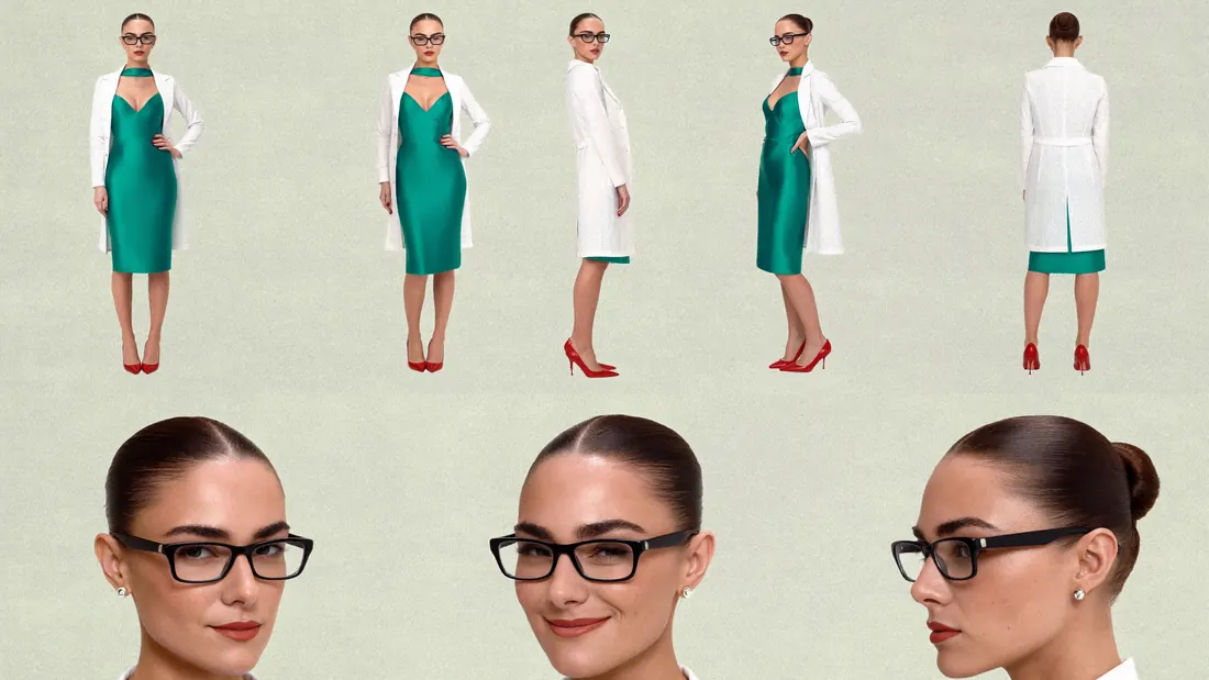 Character sheet for Dr. Hush: dark hair pulled back, black glasses, a white coat over a green dress, from five angles.