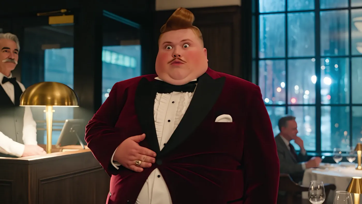 The hook: Dale at the host stand in a burgundy velvet tuxedo, hand on his stomach, eyes wide, the steakhouse behind him.