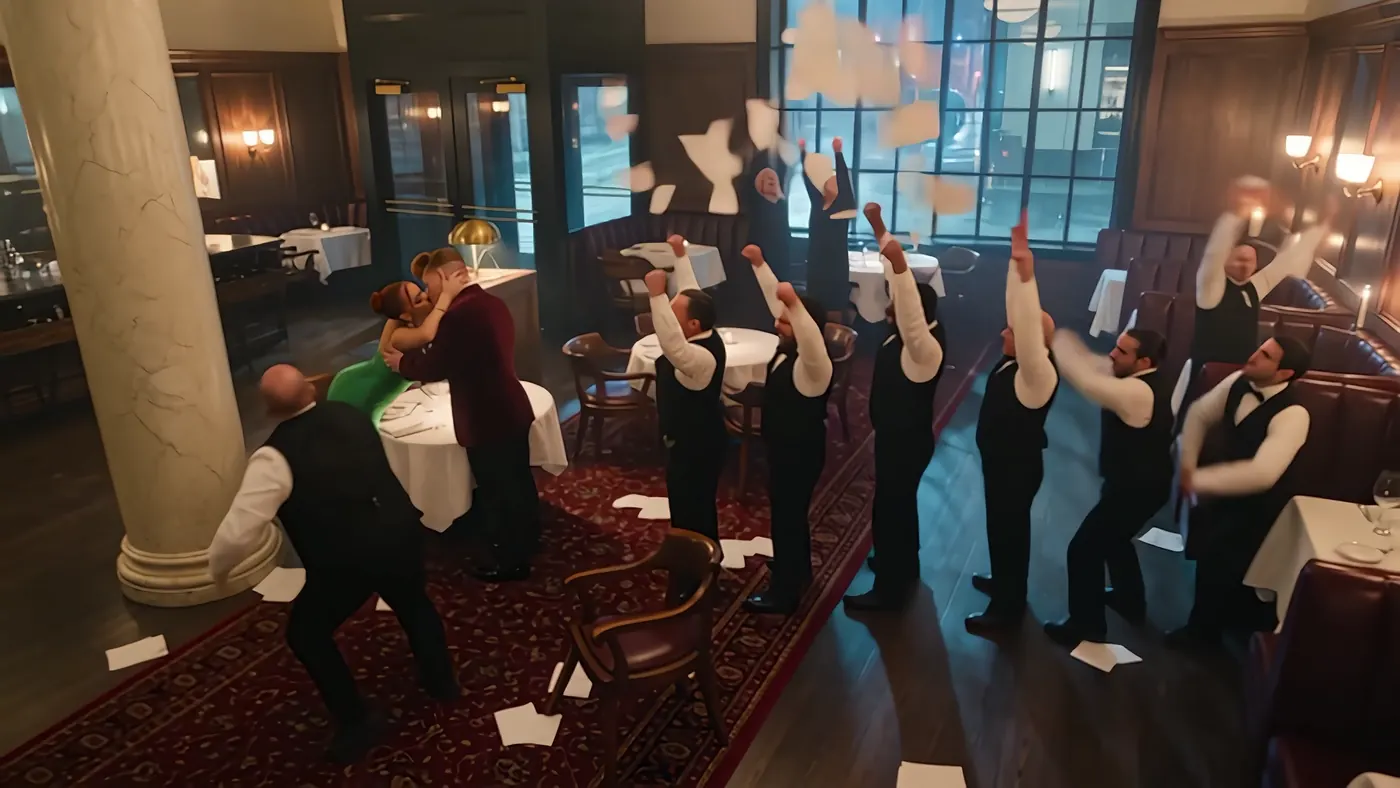 The whole staff cheers with arms raised as napkins fall, the couple at the centre of the room.