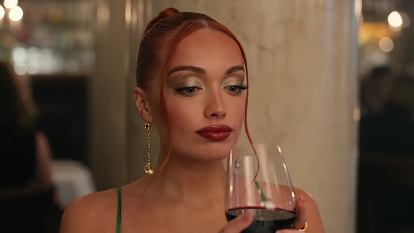 His date, Vanessa, in a green dress at a candlelit table, a glass of red wine in hand.