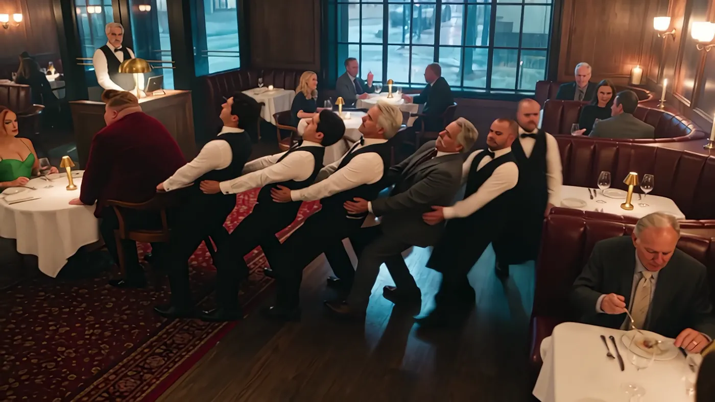 Waiters and a diner in a tug-of-war chain, pulling Dale out of his chair across the dining room.